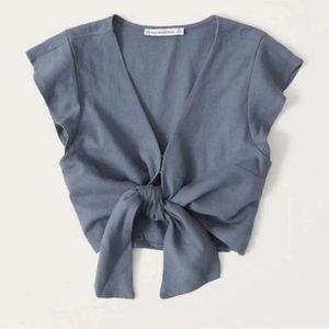 Abercrombie Tie-Front Linen-Blend Top in Blue Size Small